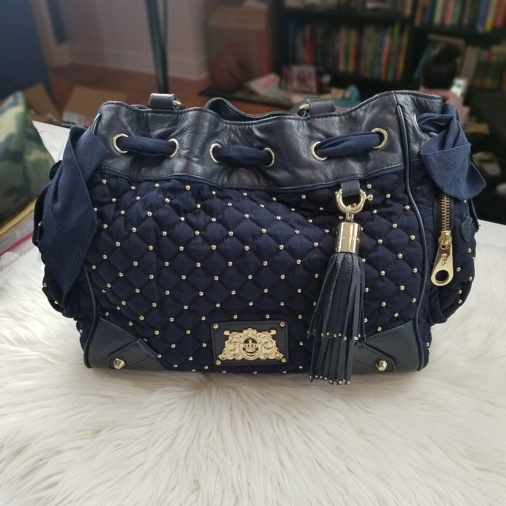 Y2K Juicy Couture Navy Blue Gold Studded Rivet Shoulder Handbag Purse